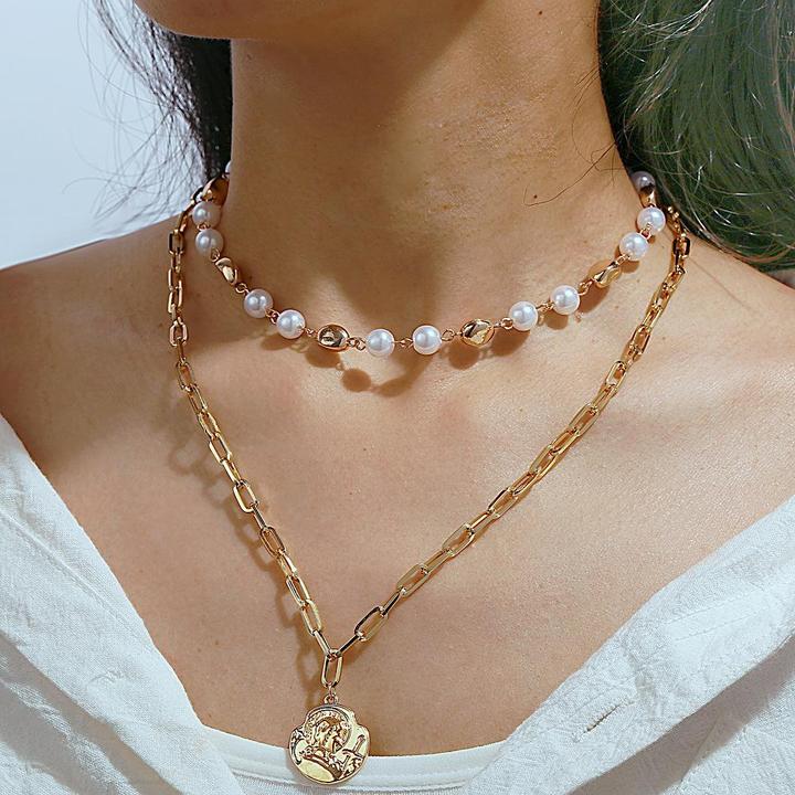 2-Piece Pearl Coin Head 18K Gold Plated Necklace
